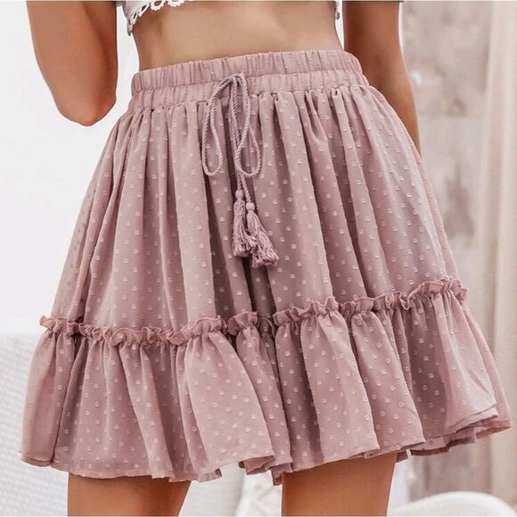 Simplee Drawstring Waist Swiss Dot Frill Trim Skirt - Picture 1 of 6